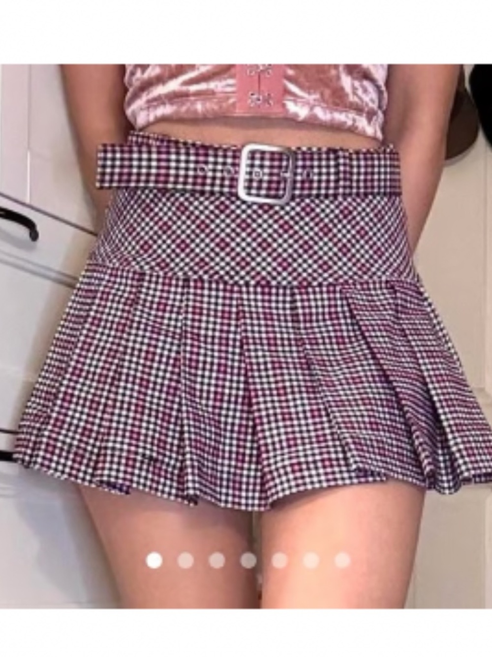Forever 21 f21 Pink Black plaid pleated mini Skirt buckle belt belted  - women’s